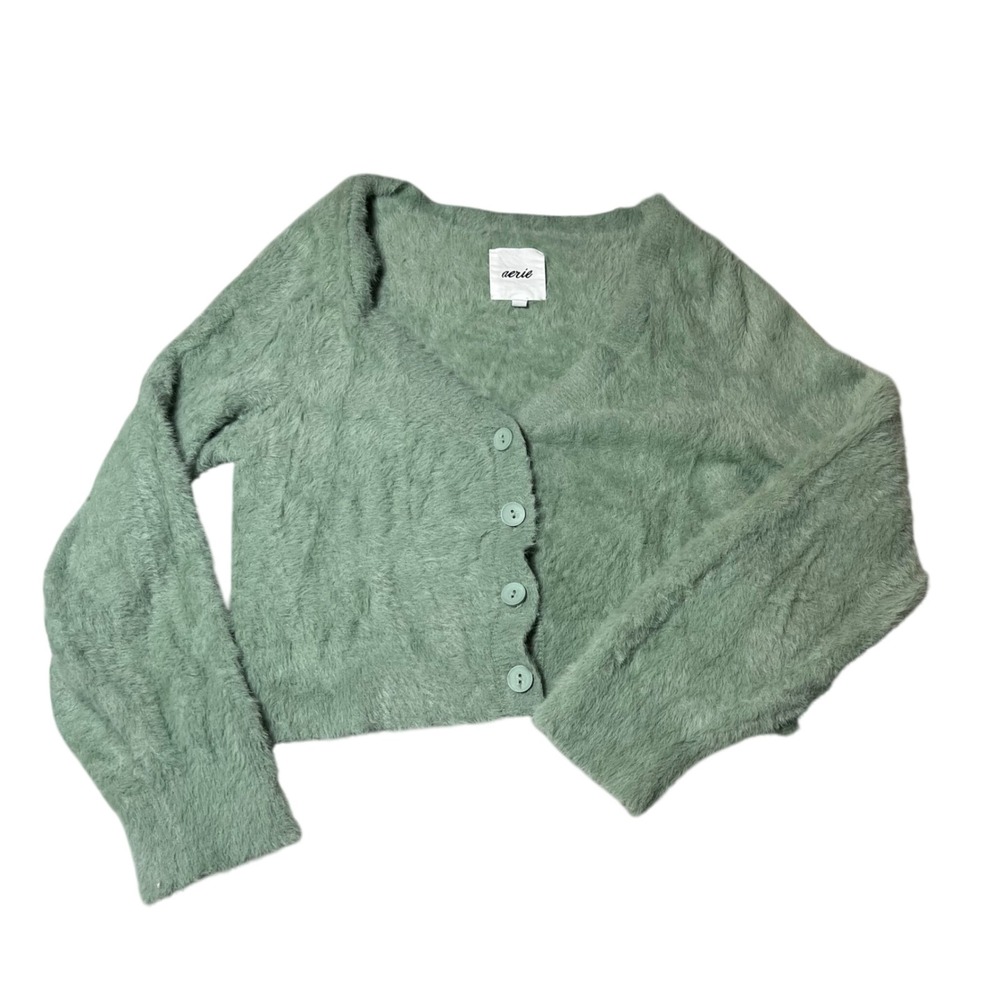 Aerie Sage Green Fuzzy Eyelash Knit Cropped Cardigan Sweater Small